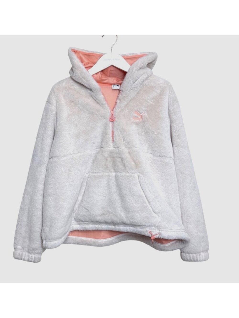 Puma Pullover Jacket Size L 1/4 Zip Fuzzy Hooded Off White Peach 535528